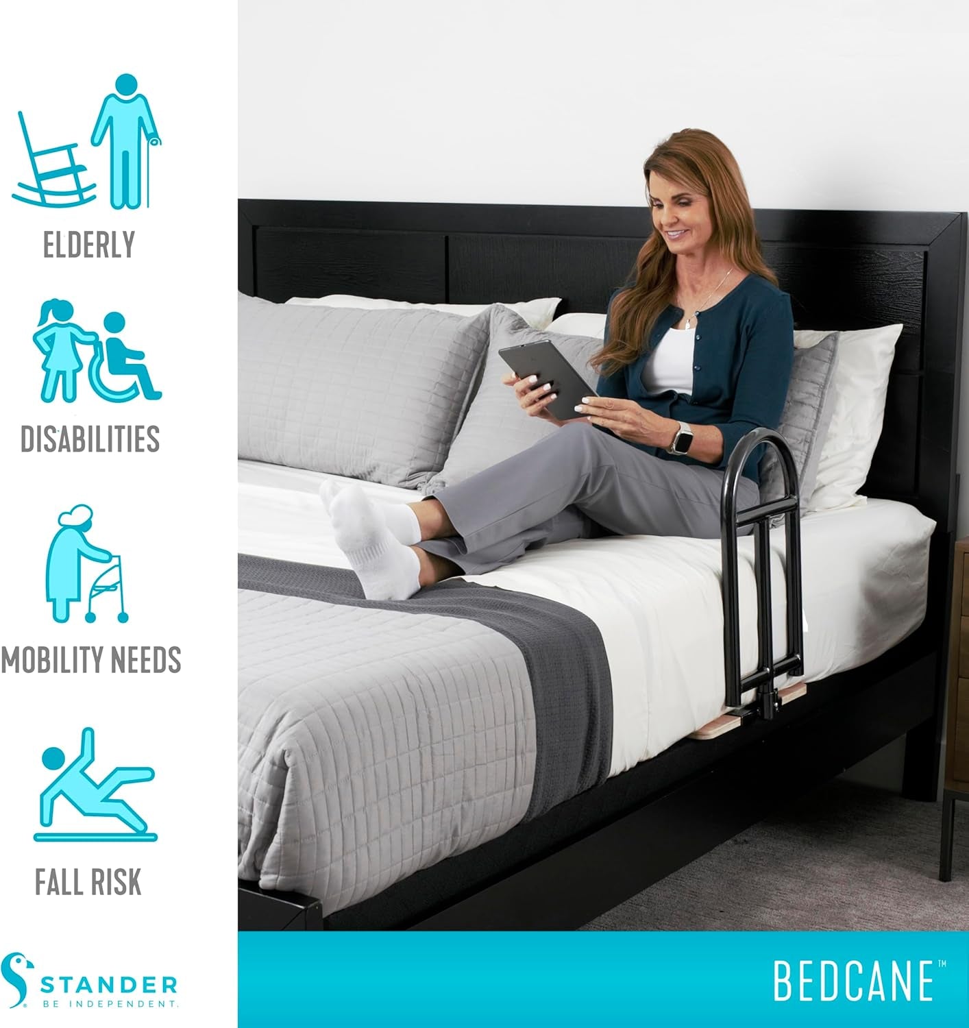Bedcane, Adult Bed Rail and Support Handle, Height Adjustable Elderly Stand Assist with Organizer Pouch