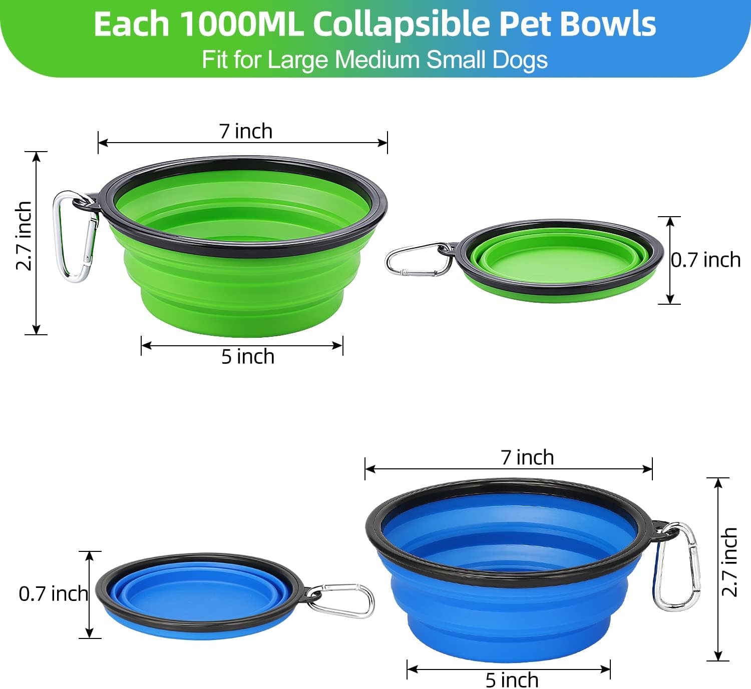 Extra Large Collapsible Dog Bowls 2 Pack, 34Oz Foldable Dog Travel Bowl, Portable Dog Water Food Bowl with Carabiner, Pet Feeding Cup Dish for Traveling, Walking, Parking
