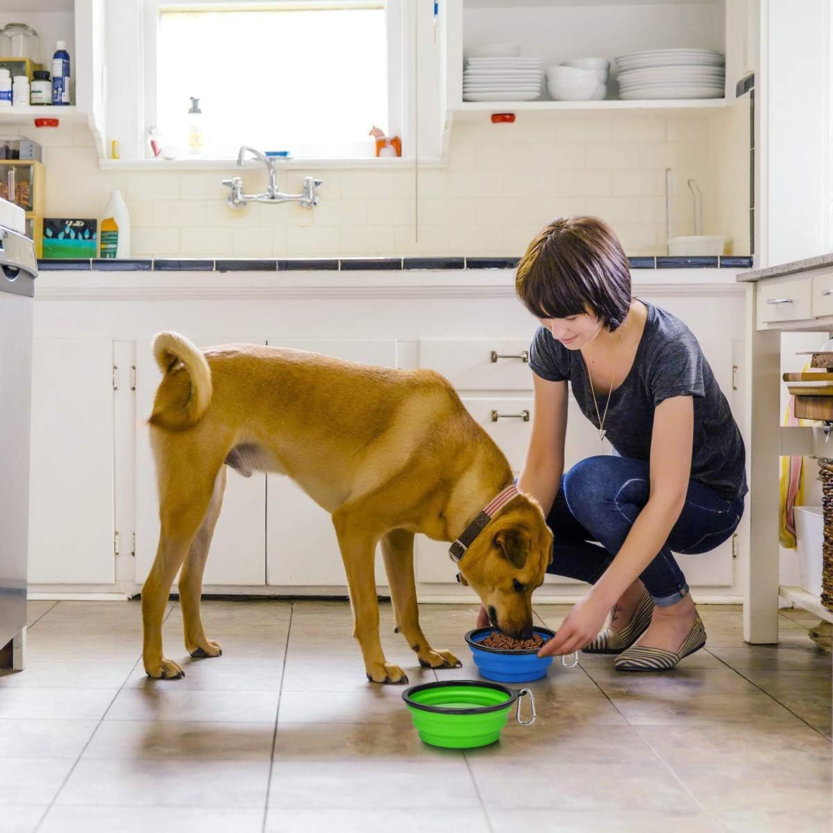 Extra Large Collapsible Dog Bowls 2 Pack, 34Oz Foldable Dog Travel Bowl, Portable Dog Water Food Bowl with Carabiner, Pet Feeding Cup Dish for Traveling, Walking, Parking