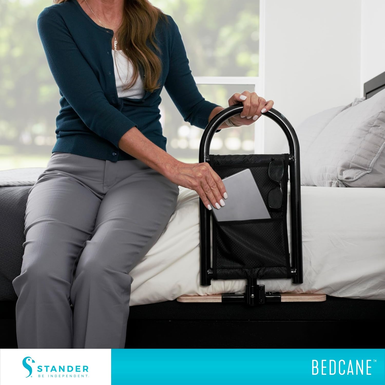 Bedcane, Adult Bed Rail and Support Handle, Height Adjustable Elderly Stand Assist with Organizer Pouch