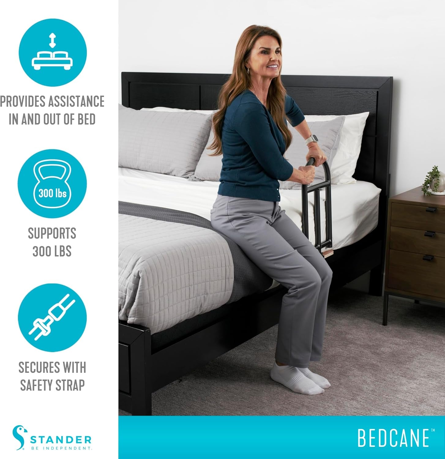 Bedcane, Adult Bed Rail and Support Handle, Height Adjustable Elderly Stand Assist with Organizer Pouch
