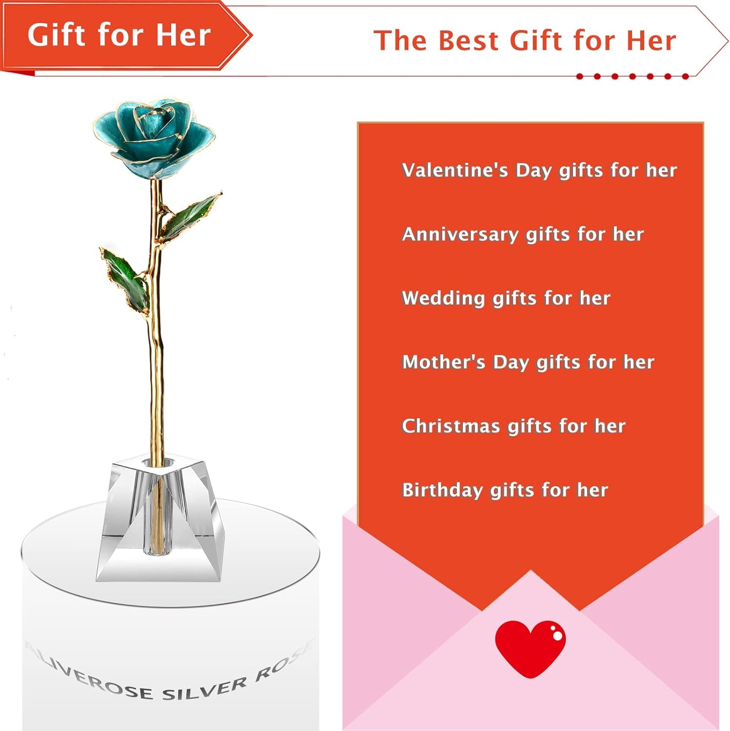 Gold Rose,24K Gold Real Rose Gift for Her, Long Stem Rose Made from Real Gold Rose for Anniversary Valentines Mothers Day Birthday (Teal Blue with Crystal Vase)