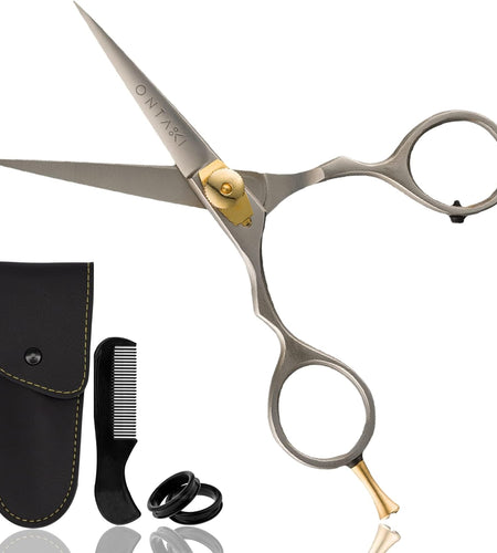 Premium Hand Forged Mustache Scissors 5.5" - Barber Salon Japanese Steel Scissors - Beard Mustache Hair Shears Bangs Haircuts - Beard Scissors for Men Hair Trimming Scissors - Rest Hook Silver