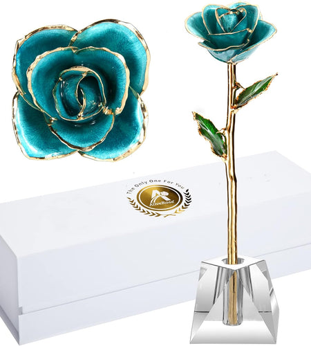 Gold Rose,24K Gold Real Rose Gift for Her, Long Stem Rose Made from Real Gold Rose for Anniversary Valentines Mothers Day Birthday (Teal Blue with Crystal Vase)