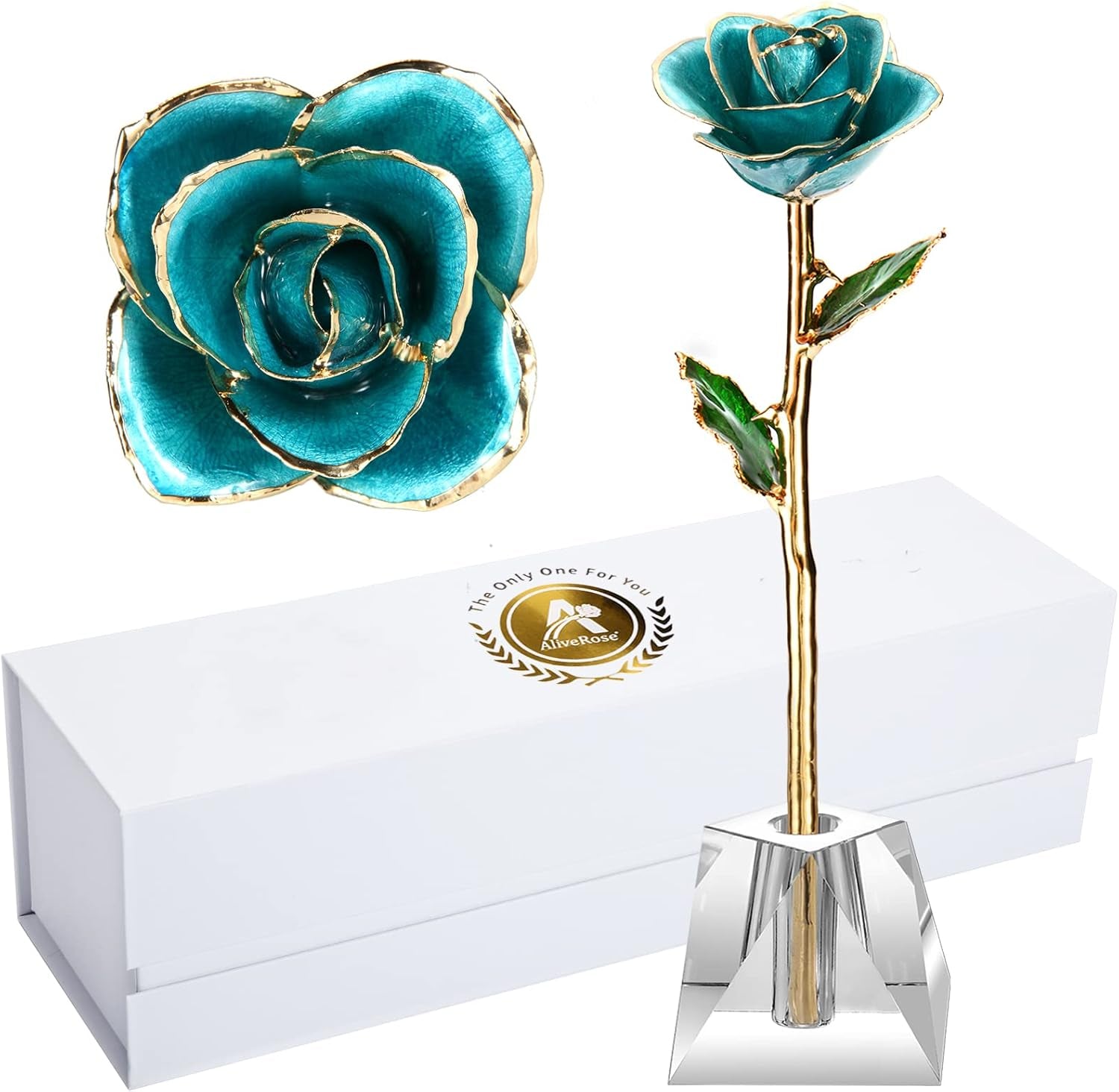 Gold Rose,24K Gold Real Rose Gift for Her, Long Stem Rose Made from Real Gold Rose for Anniversary Valentines Mothers Day Birthday (Teal Blue with Crystal Vase)