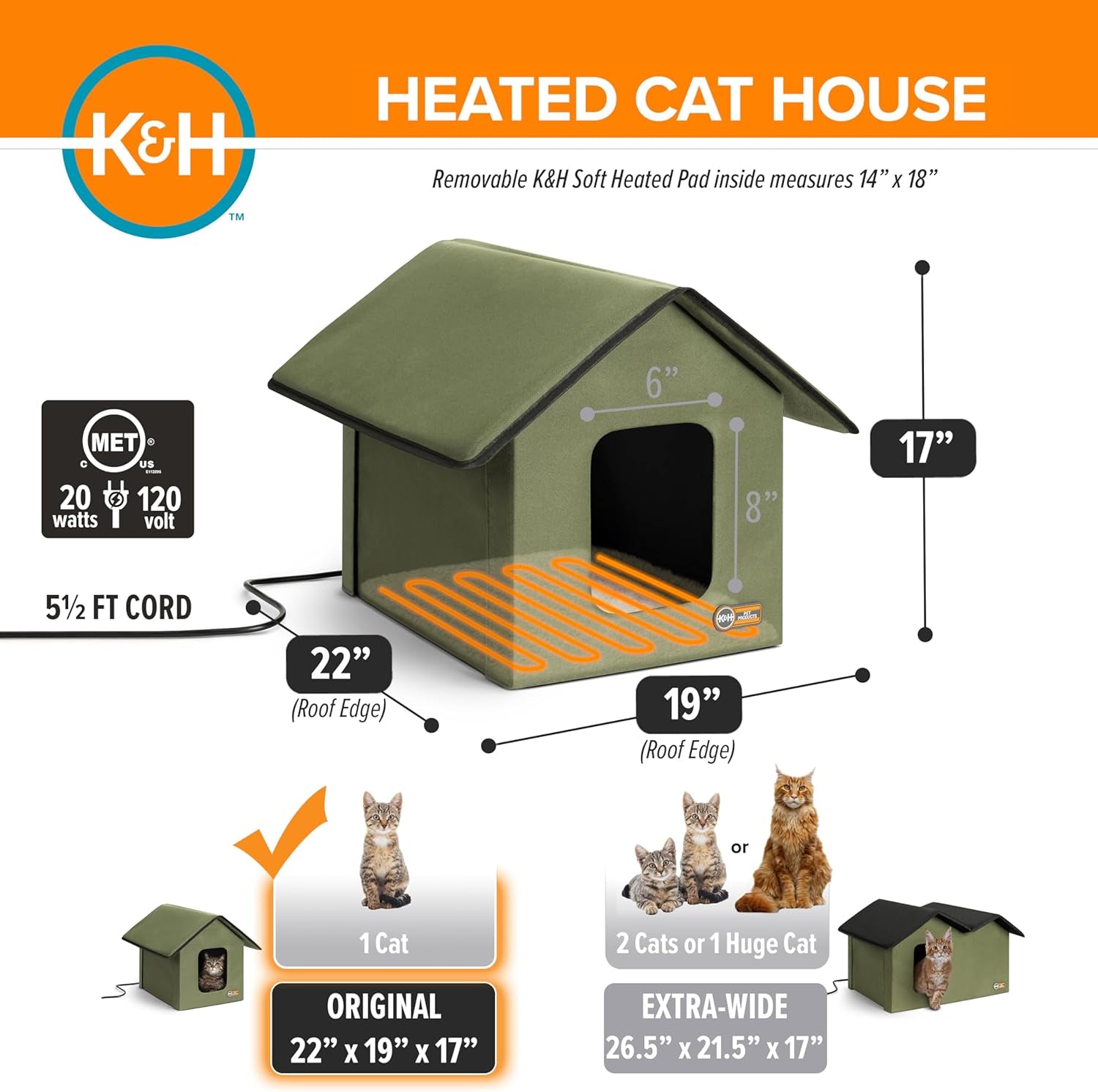 Original Outdoor Heated Kitty House Cat Shelter 19 X 22 X 17 Inches - Heated or Unheated