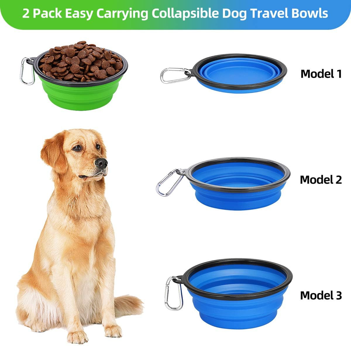 Extra Large Collapsible Dog Bowls 2 Pack, 34Oz Foldable Dog Travel Bowl, Portable Dog Water Food Bowl with Carabiner, Pet Feeding Cup Dish for Traveling, Walking, Parking